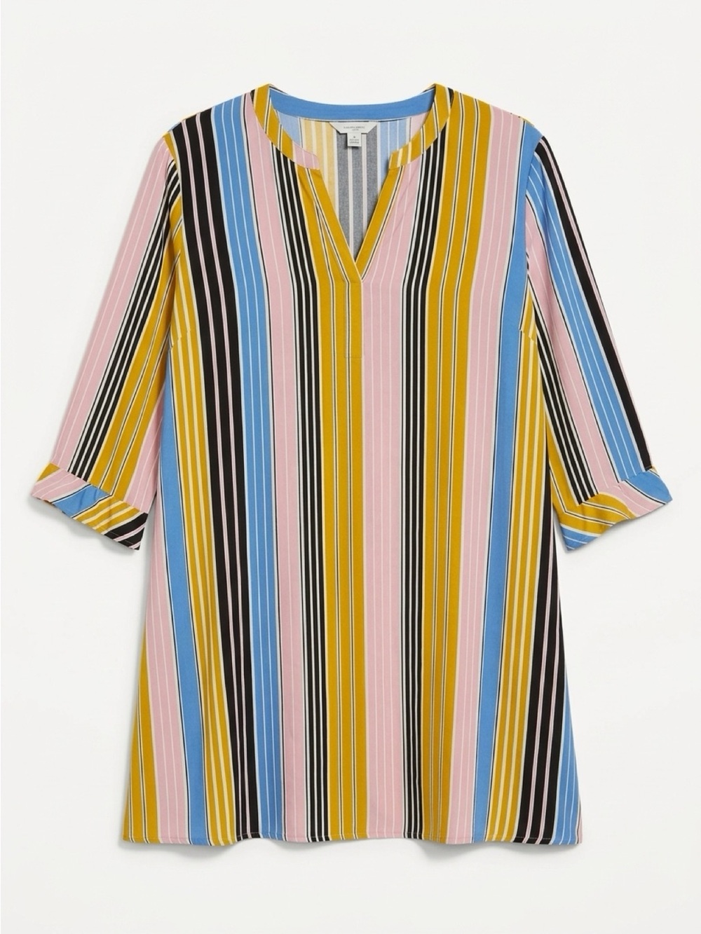 Striped V-Neck Tunic in Pink, Blue, Black & Mustard